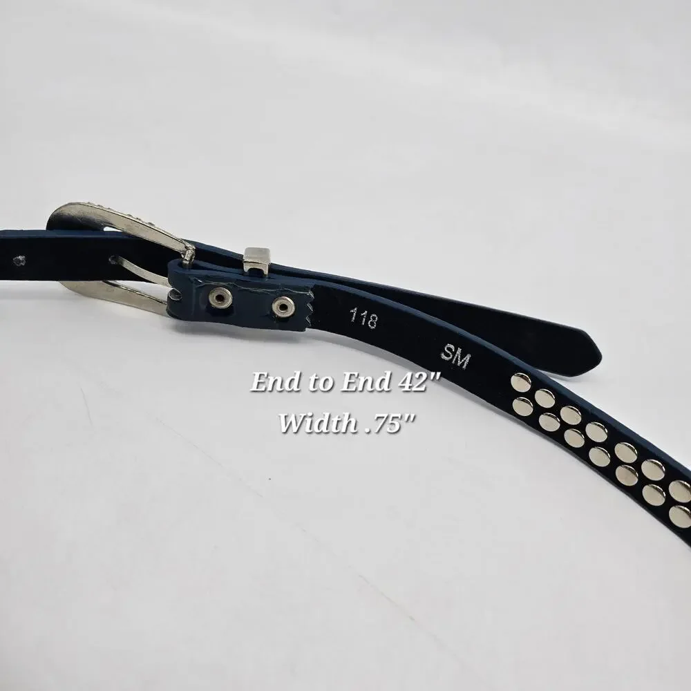 Vintage Y2K Navy‎ Patent Leather Rhinestone Studded Belt Bling Western Glam S/M